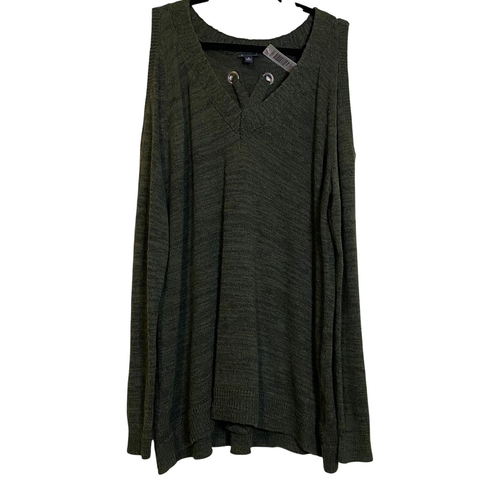 Torrid Womens 2 Olive Green Cold Shoulder Lace Up Back Marled Knit Sweater Top